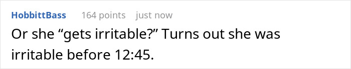 Text-based online comment about a coworker reserving the microwave due to dietary needs causing irritability before a set time. Text-based online comment about a coworker reserving the microwave due to dietary needs causing irritability before a set time.