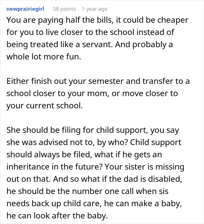 Comment discussing a woman throwing a fit when sibling refuses free babysitting all summer, focusing on family and child care. Comment discussing a woman throwing a fit when sibling refuses free babysitting all summer, focusing on family and child care.