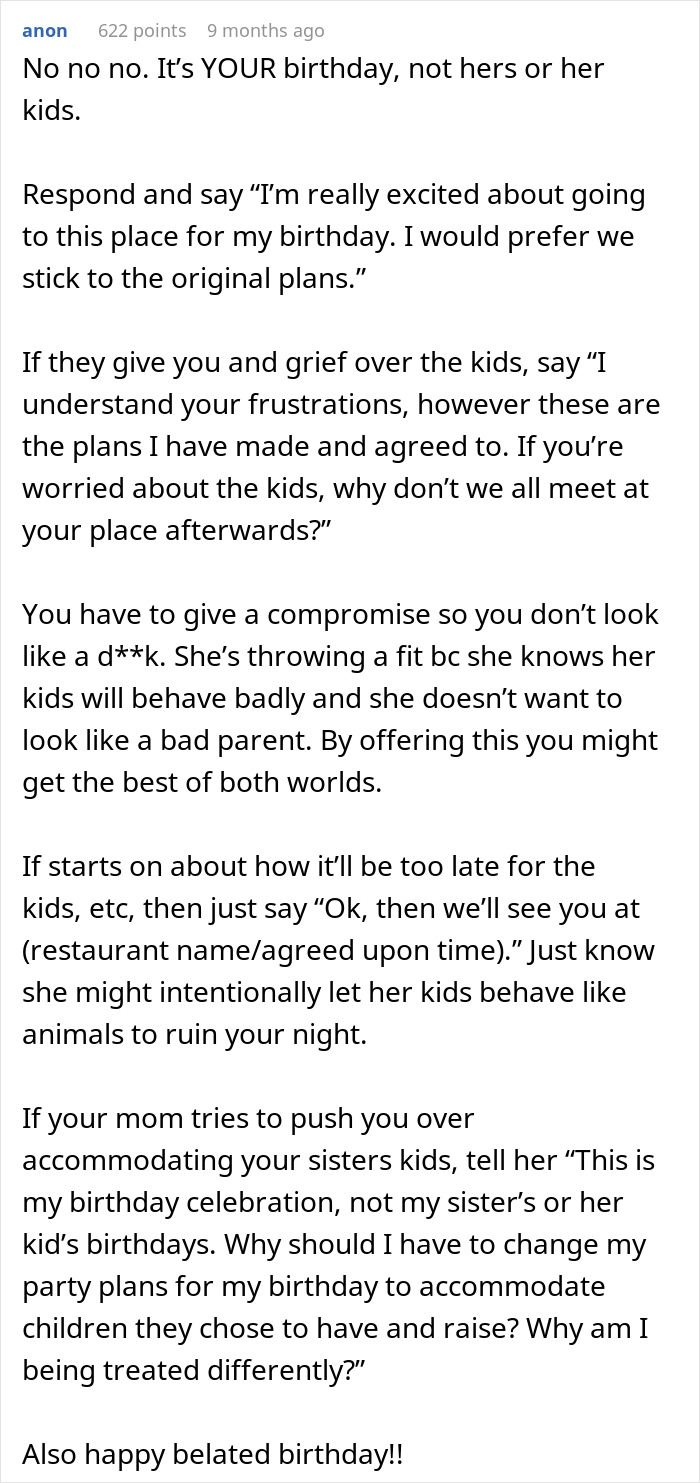 Advice comment discussing how to handle a sister sabotaging a birthday dinner by setting boundaries and compromises. Advice comment discussing how to handle a sister sabotaging a birthday dinner by setting boundaries and compromises.