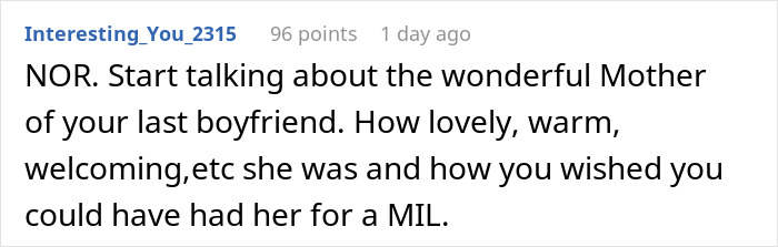 Screenshot of an online comment where a woman is compared to a boyfriend’s classy ex by his mother, causing shock.