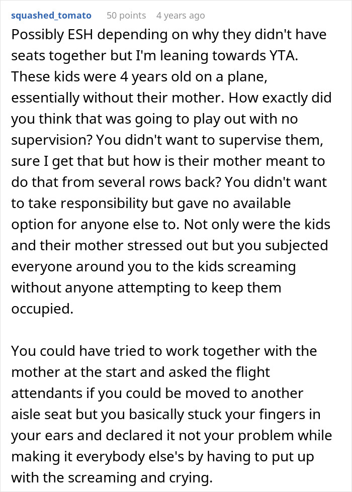 Reddit comment discussing responsibility and supervision issues related to not switching seats with a mother on an airplane. Reddit comment discussing responsibility and supervision issues related to not switching seats with a mother on an airplane.