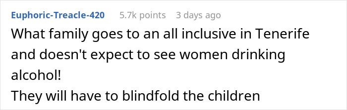 Screenshot of a social media comment about an entitled lady expecting a solo traveler to stop drinking alcohol around her kids. Screenshot of a social media comment about an entitled lady expecting a solo traveler to stop drinking alcohol around her kids.