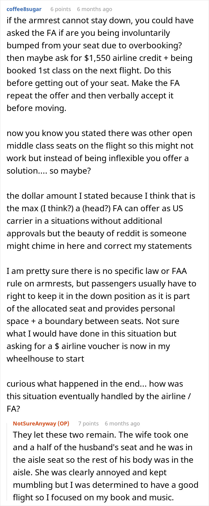 Text discussing an obese woman forcing a passenger to raise their armrest with a flight attendant involvement.