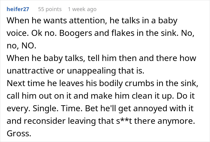 Reddit comment about husband’s gross habits showing wife feels like screaming and unsure how to come back from being grossed out. Reddit comment about husband’s gross habits showing wife feels like screaming and unsure how to come back from being grossed out.