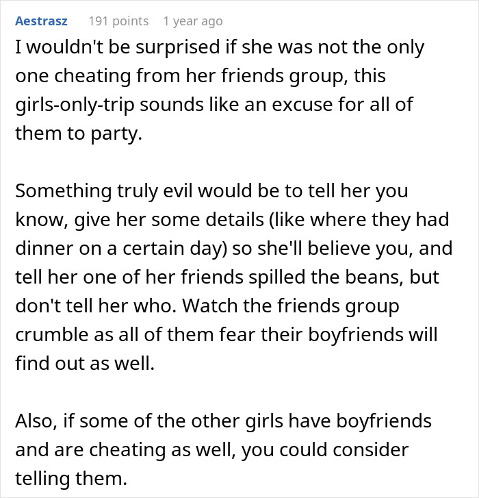 Comment discussing cheating friends group and the impact of a private investigator’s findings on relationships. Comment discussing cheating friends group and the impact of a private investigator’s findings on relationships.