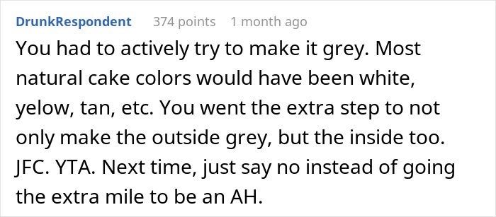 Comment highlighting the unusual choice of a gray cake at a gender reveal party, blaming pregnant sister for the lead balloon effect. Comment highlighting the unusual choice of a gray cake at a gender reveal party, blaming pregnant sister for the lead balloon effect.