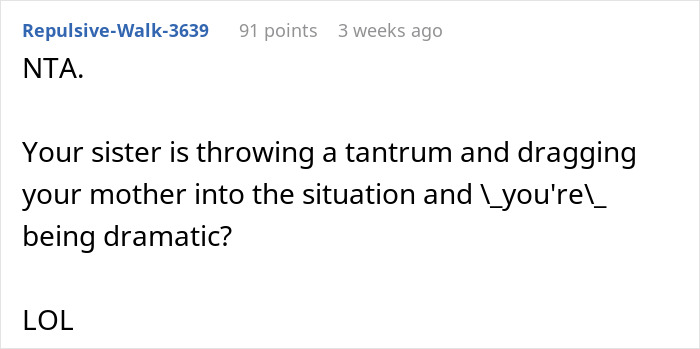 Reddit comment criticizing sister’s wedding dress drama, calling out tantrum and family involvement as overly dramatic. Reddit comment criticizing sister’s wedding dress drama, calling out tantrum and family involvement as overly dramatic.