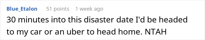 Screenshot of online comment about a woman telling a guy there’s no spark after first date and meal payment conflict.