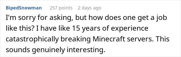 Comment on a forum expressing interest in a job despite extensive experience causing Minecraft server issues.