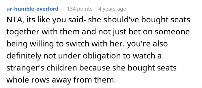 Reddit comment discussing not switching seats with a mother on an airplane and ignoring her children. Reddit comment discussing not switching seats with a mother on an airplane and ignoring her children.