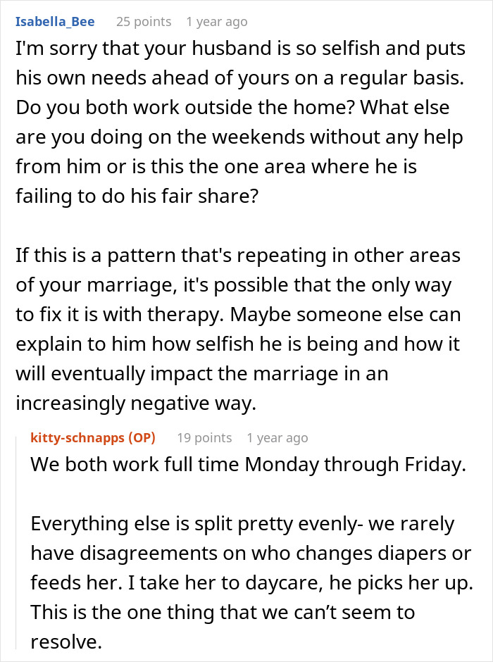 Reddit comments discussing husband enjoying lazy mornings while wife sacrifices sleep in one-sided weekend effort. Reddit comments discussing husband enjoying lazy mornings while wife sacrifices sleep in one-sided weekend effort.