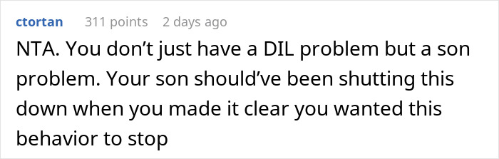 Comment discussing a relationship issue between a daughter-in-law and mother-in-law, highlighting family dynamics. Comment discussing a relationship issue between a daughter-in-law and mother-in-law, highlighting family dynamics.