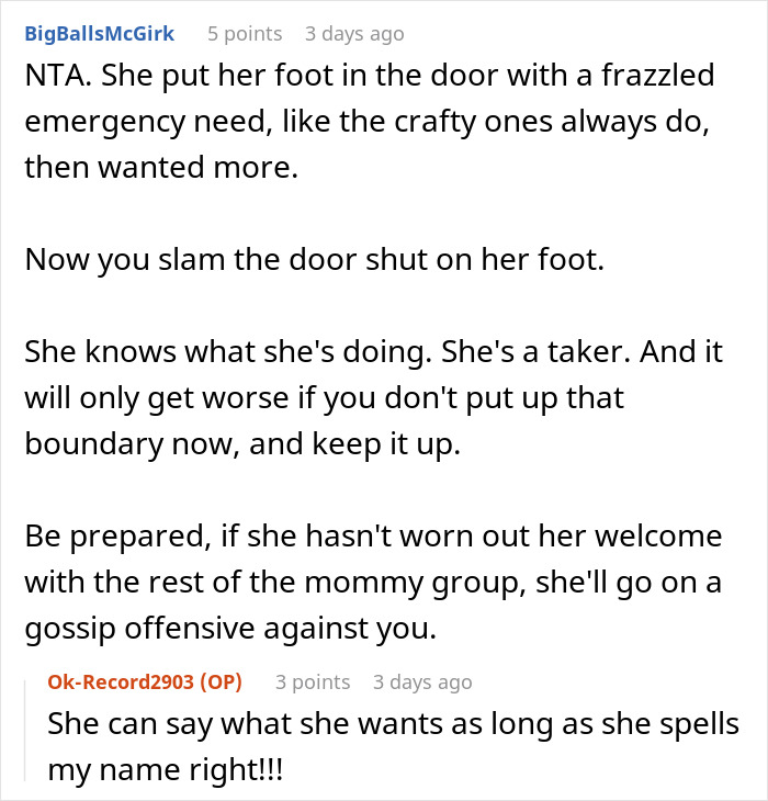 Screenshot of an online discussion about a SAHM mom assuming neighbor will babysit and reacting negatively when refused. Screenshot of an online discussion about a SAHM mom assuming neighbor will babysit and reacting negatively when refused.