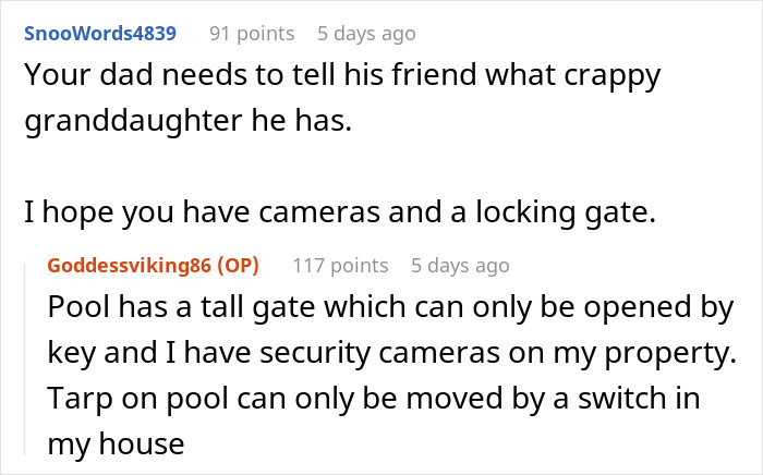 Comments discussing security measures at a friend-stepdaughter pool party, including cameras and locked gates.