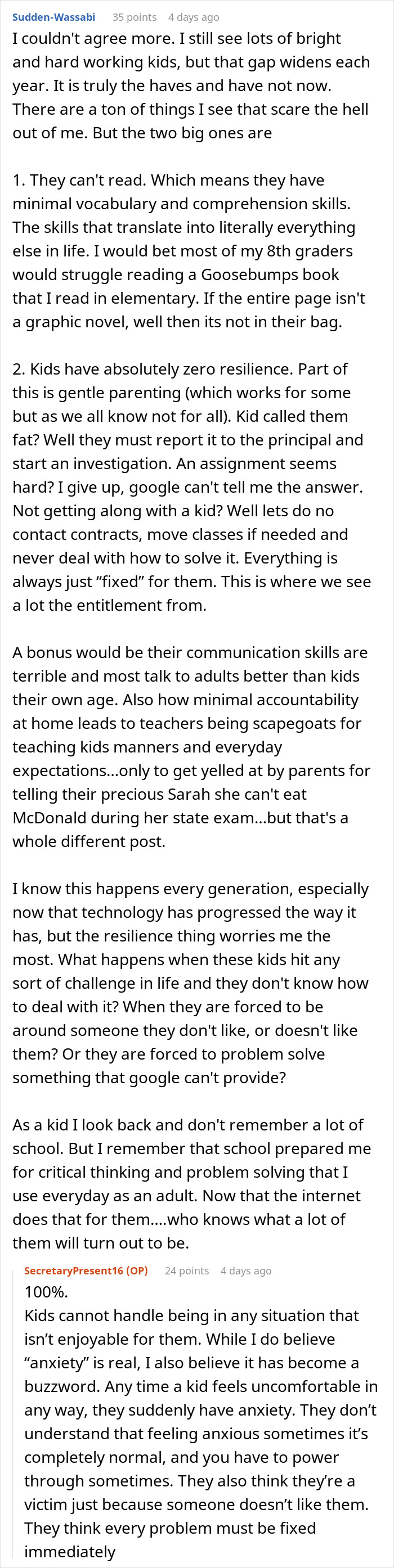 Reddit comments discussing educators' concerns about high schoolers' lack of knowledge and resilience in learning. Reddit comments discussing educators' concerns about high schoolers' lack of knowledge and resilience in learning.