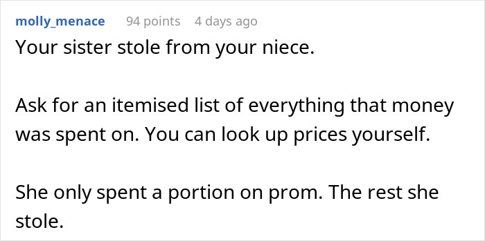 Reddit comment discussing a woman finding out her niece’s college fund was partially used for prom without permission. Reddit comment discussing a woman finding out her niece’s college fund was partially used for prom without permission.