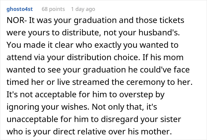 Screenshot of a Reddit comment discussing a woman’s graduation day ruined after husband gives sister-in-law’s seat to his mom. Screenshot of a Reddit comment discussing a woman’s graduation day ruined after husband gives sister-in-law’s seat to his mom.