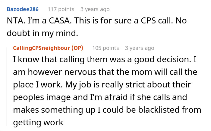 Reddit comments discussing a mom who threw her kid out on a cold Christmas night, neighbors called CPS.
