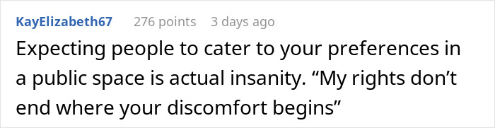 Screenshot of a social media comment about an entitled lady expecting a solo traveler to stop drinking alcohol. Screenshot of a social media comment about an entitled lady expecting a solo traveler to stop drinking alcohol.
