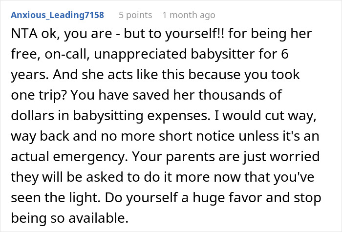Screenshot of a Reddit comment discussing unappreciated babysitting expectations and setting boundaries with family. Screenshot of a Reddit comment discussing unappreciated babysitting expectations and setting boundaries with family.