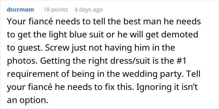 Comment about Bride wanting to exclude best man from photos due to his outfit, highlighting stereotypical American wedding expectations. Comment about Bride wanting to exclude best man from photos due to his outfit, highlighting stereotypical American wedding expectations.