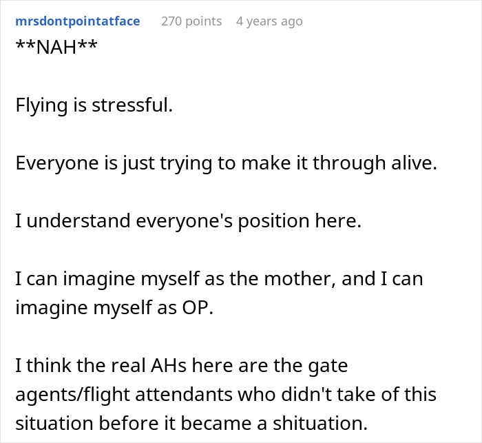 Reddit comment discussing stress and perspectives in a situation about switching seats with a mother on an airplane. Reddit comment discussing stress and perspectives in a situation about switching seats with a mother on an airplane.