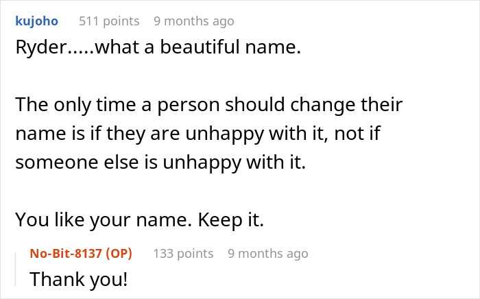 Comment thread discussing opinions on foster name change parents and when a person should change their name.