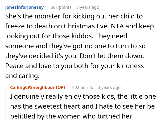 Comments about a mom reportedly throwing kid out on cold Christmas night prompting neighbors to contact CPS for help.
