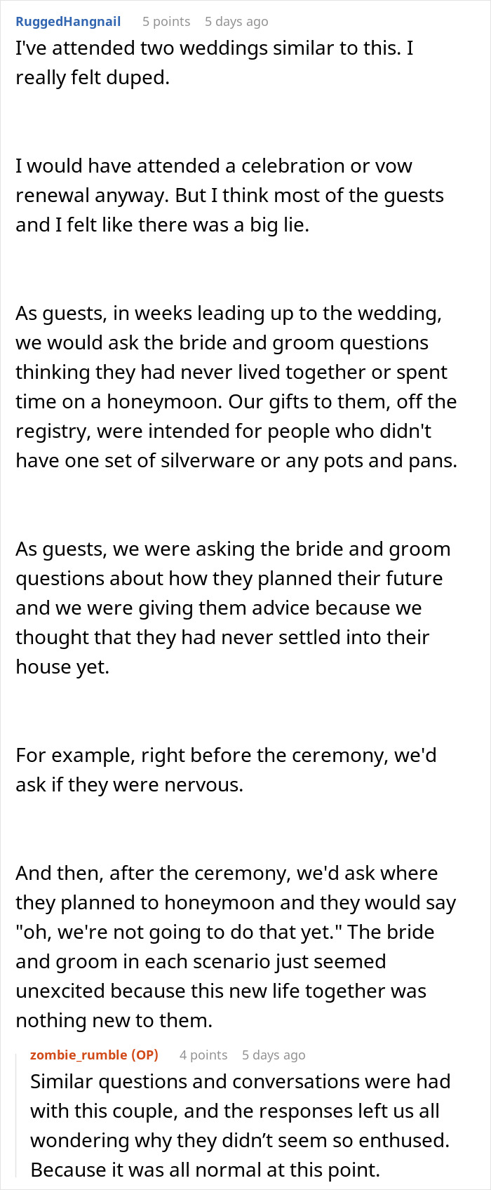 Comments discussing wedding guests shocked and confused after couple reveals they eloped three years before the big day.