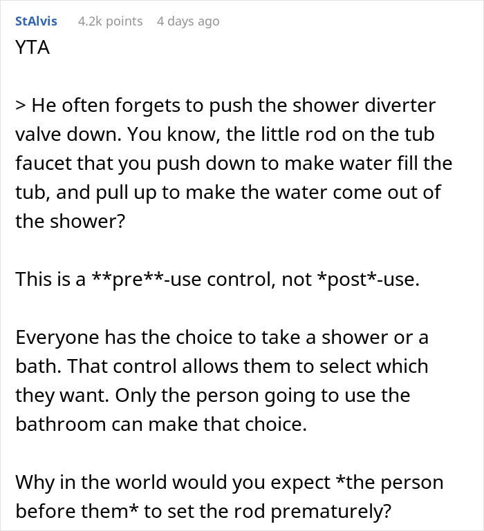 Comment explaining shower diverter valve and memory issues related to husband’s bad memory and cold shower threat. Comment explaining shower diverter valve and memory issues related to husband’s bad memory and cold shower threat.
