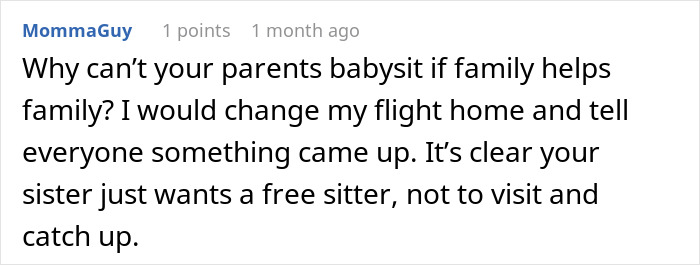 Screenshot of an online comment discussing family babysitting expectations during a rare visit after a year apart. Screenshot of an online comment discussing family babysitting expectations during a rare visit after a year apart.