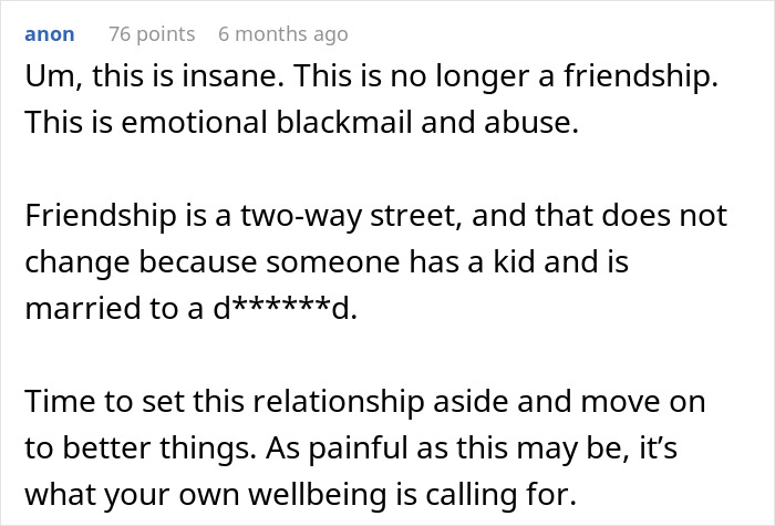 ALT text: Screenshot of a reddit comment discussing boundaries in friendship and emotional abuse involving hosting a toddler. ALT text: Screenshot of a reddit comment discussing boundaries in friendship and emotional abuse involving hosting a toddler.