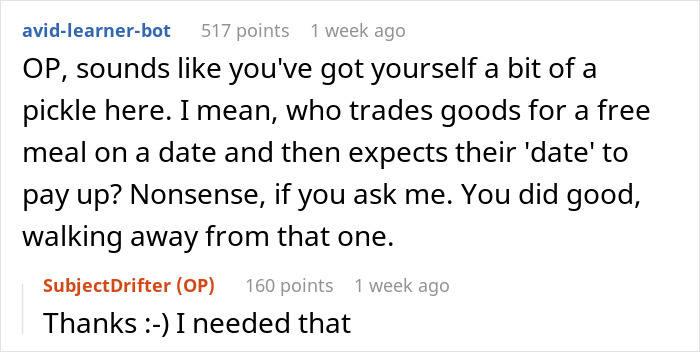 Screenshot of an online discussion about a woman telling a guy there’s no spark after first date and his reaction.