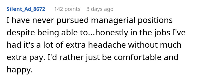 Comment on relationship changes, expressing preference for comfort and happiness over managerial roles and added stress.