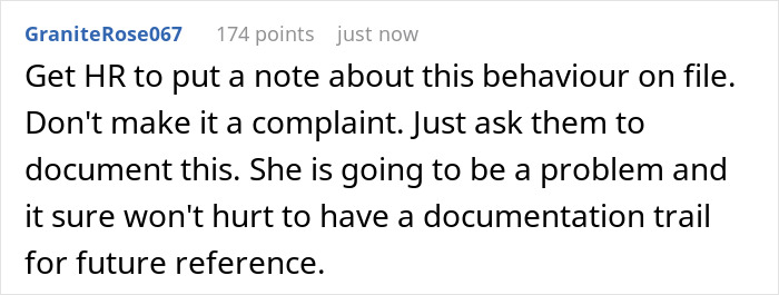 Comment suggesting to document coworker behaviour regarding microwave use and dietary needs for HR reference. Comment suggesting to document coworker behaviour regarding microwave use and dietary needs for HR reference.