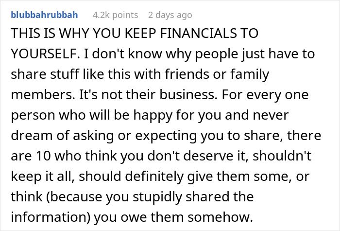 Comment about financial boundaries, emphasizing woman wanting half bestie’s inheritance after a hard childhood.