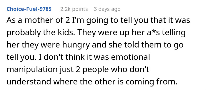 Comment from Reddit user explaining a family conflict involving saving money on dinner and accusations of being cheap.