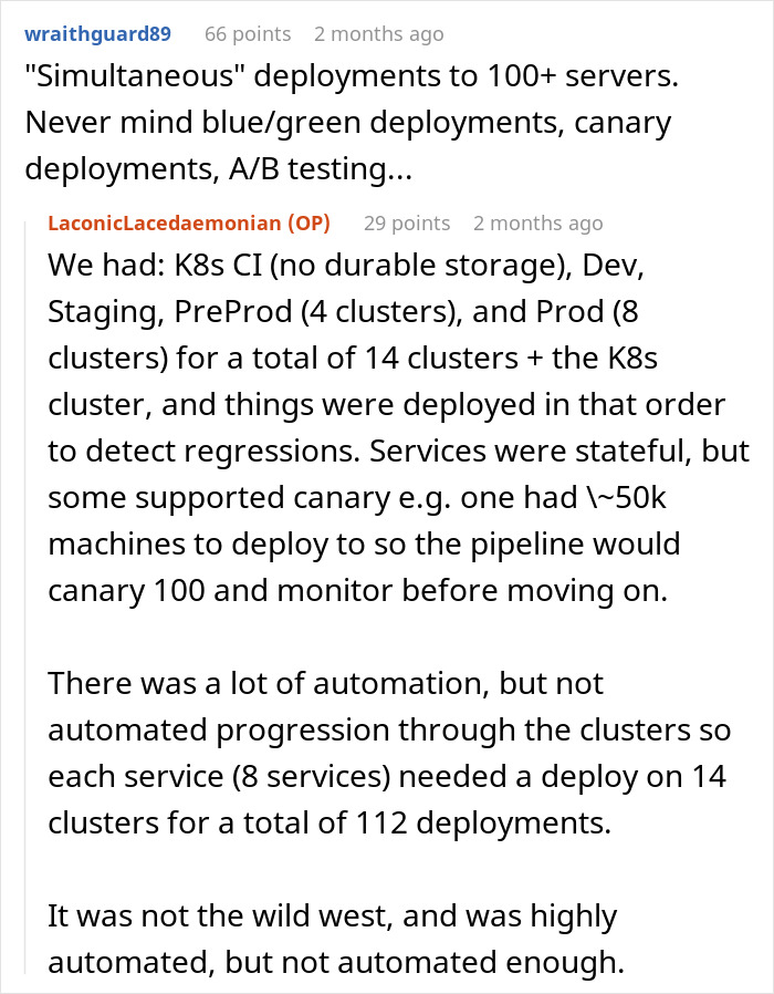 Comment discussing complex deployment processes involving multiple clusters and automation challenges in employee deployment rules. Comment discussing complex deployment processes involving multiple clusters and automation challenges in employee deployment rules.