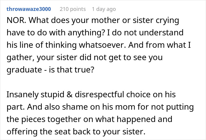 Comment on woman’s graduation day ruined after hubby gives sister-in-law’s seat to his mom without notice. Comment on woman’s graduation day ruined after hubby gives sister-in-law’s seat to his mom without notice.