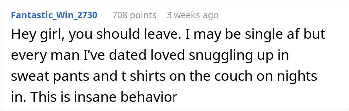 Screenshot of a Reddit comment discussing a guy waking up his girlfriend to yell at her for not wearing sexy clothes. Screenshot of a Reddit comment discussing a guy waking up his girlfriend to yell at her for not wearing sexy clothes.