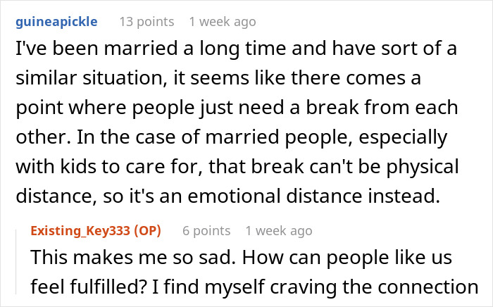 Screenshot of an online discussion where a wife expresses feeling emotionally distant and grossed out by her husband. Screenshot of an online discussion where a wife expresses feeling emotionally distant and grossed out by her husband.