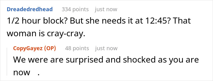 Screenshot of an online conversation about a coworker reserving the microwave for dietary needs at a specific time. Screenshot of an online conversation about a coworker reserving the microwave for dietary needs at a specific time.