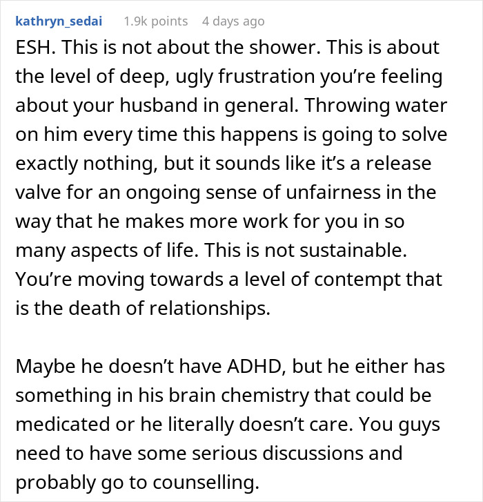 Comment discussing wife threatening husband with cold showers due to his bad memory and relationship frustrations. Comment discussing wife threatening husband with cold showers due to his bad memory and relationship frustrations.