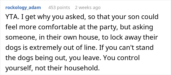 Comment about mom demanding to have dog locked up for kid’s birthday party, discussing comfort and household boundaries.