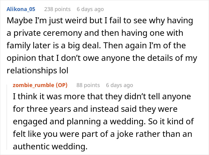 Online discussion showing wedding guests shocked and confused after couple reveals they eloped three years before the big day Online discussion showing wedding guests shocked and confused after couple reveals they eloped three years before the big day