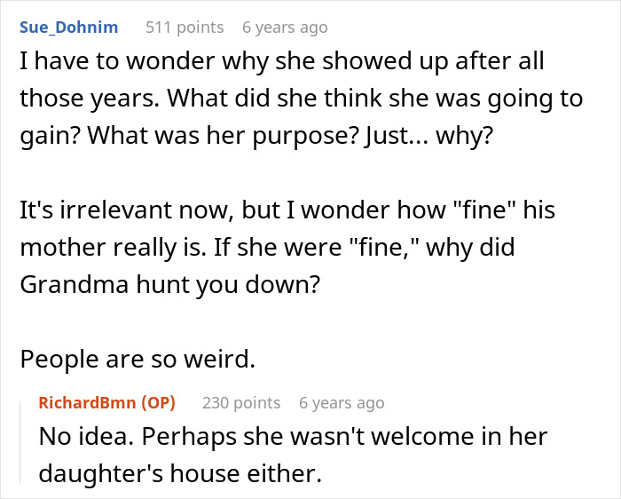 Commenters discuss an absent grandma trying to reconnect after 25 years and facing rejection from family members. Commenters discuss an absent grandma trying to reconnect after 25 years and facing rejection from family members.
