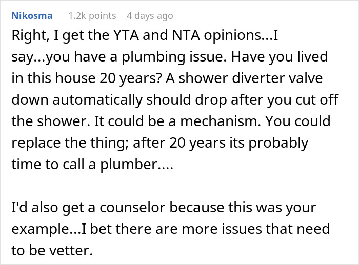 Text comment discussing plumbing issue with shower diverter valve and suggesting calling a plumber and getting a counselor. Text comment discussing plumbing issue with shower diverter valve and suggesting calling a plumber and getting a counselor.