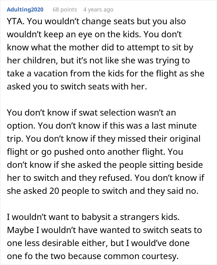 Discussion about not switching seats with a mother on an airplane and ignoring her children in a flight scenario. Discussion about not switching seats with a mother on an airplane and ignoring her children in a flight scenario.