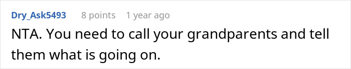 Screenshot of an online forum comment advising a teen girl struggling to babysit step-siblings to inform grandparents.