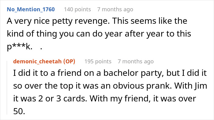 Screenshot of a Reddit conversation about a man mocking coworker by leaving escort cards in his bag for wife to find as petty revenge. Screenshot of a Reddit conversation about a man mocking coworker by leaving escort cards in his bag for wife to find as petty revenge.